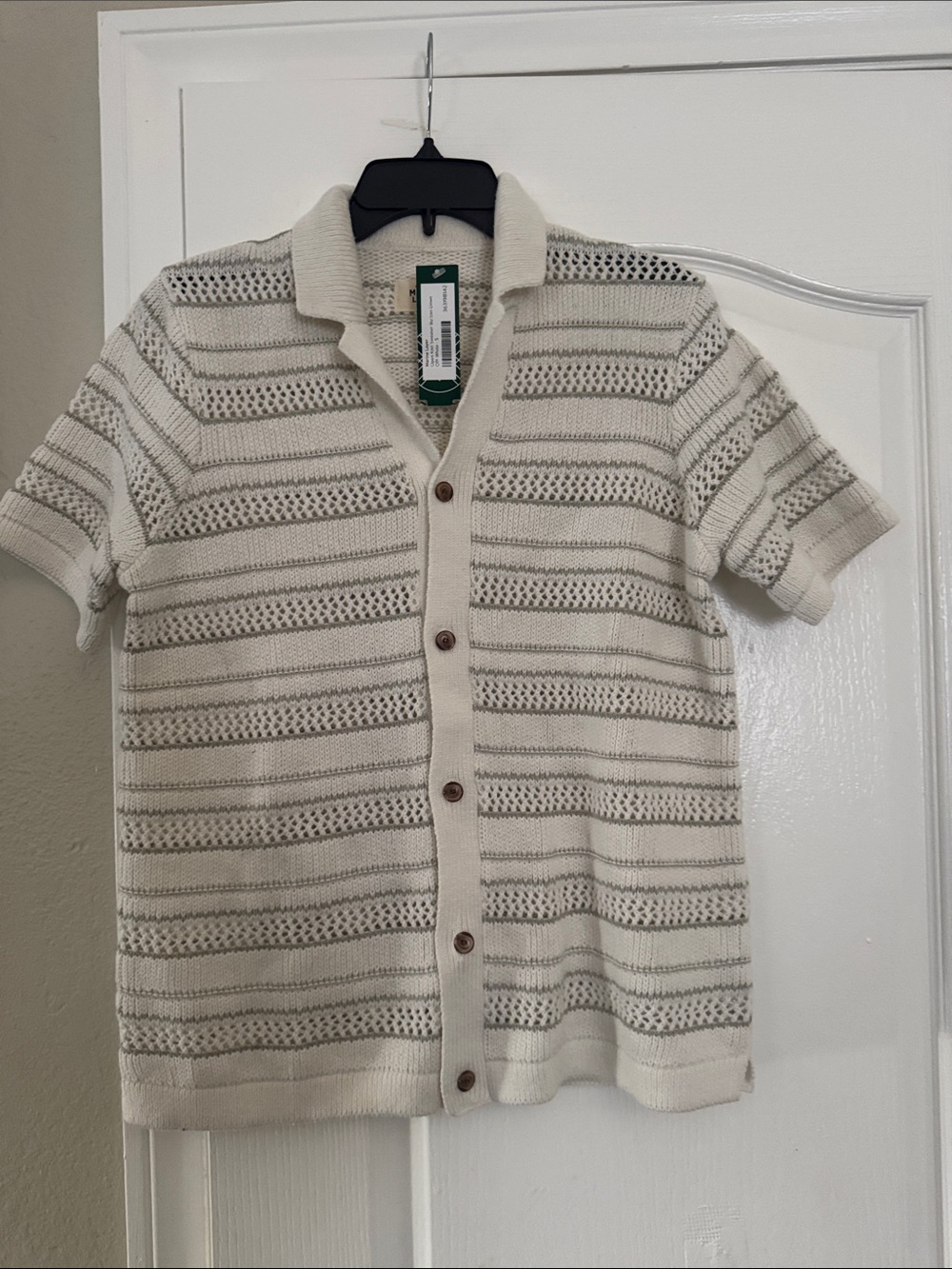 Marine Layer Short-Sleeve Knit Button-Down in Cream and Gray Stripe